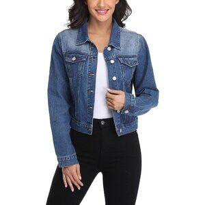 Women's Denim Jackets Crop Long Sleeve Button Down Jean with Pockets Dark Blue